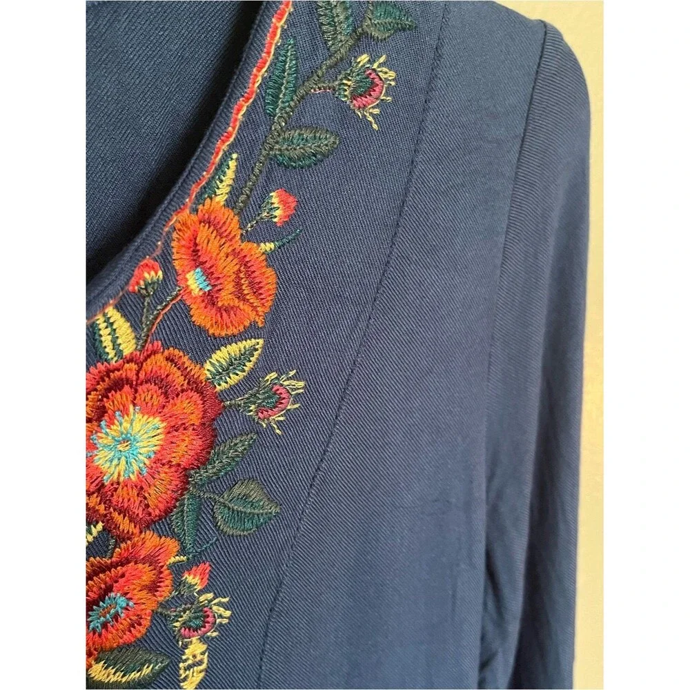 Anthropologie Solitaire Embroidered Blue Long Sleeve Tunic Dress Size Medium